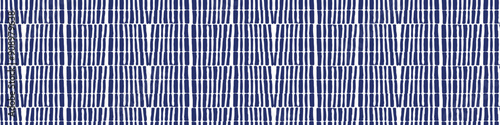 Indigo blue Japanese block print effect bordur. Seamless hand made vector design for fabric batik ribbon and faded fashion repeat banner. 