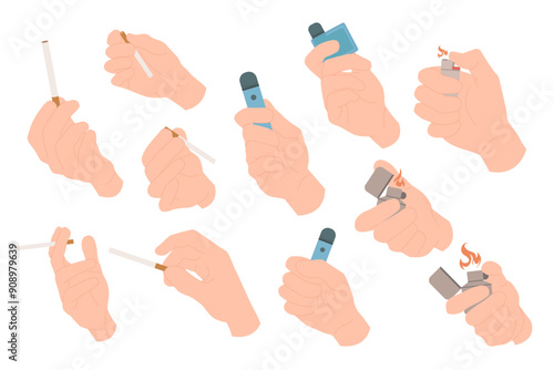 Hands with different smoking gestures set. Human fingers of smoker and addict holding tobacco cigarette and lighter to smoke, giving nicotine cigar and lighting fire cartoon vector illustration
