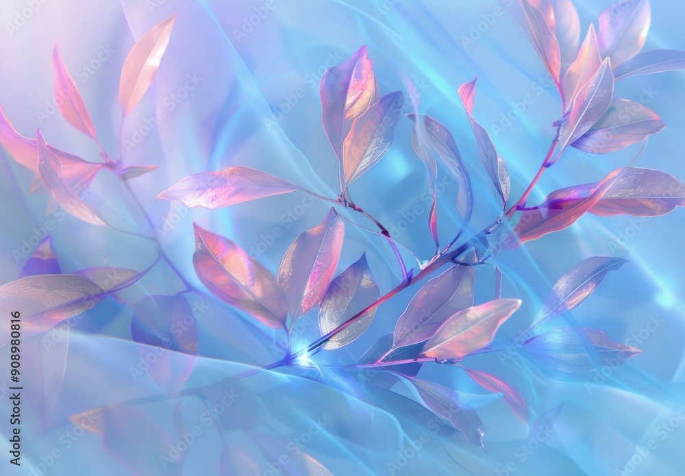 Delicate leaves with pastel hues against a dreamy blue background, creating a serene and ethereal atmosphere Delicate leaves with pastel hues against a dreamy blue background, creating a serene and ethereal atmosphere