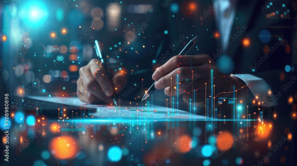 Business person working with digital graphs and charts in a modern, tech-driven office. Business person working with digital graphs and charts in a modern, tech-driven office.