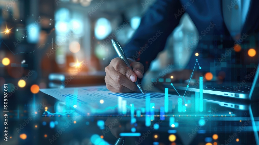 Business person working with digital graphs and charts in a modern, tech-driven office. Business person working with digital graphs and charts in a modern, tech-driven office.