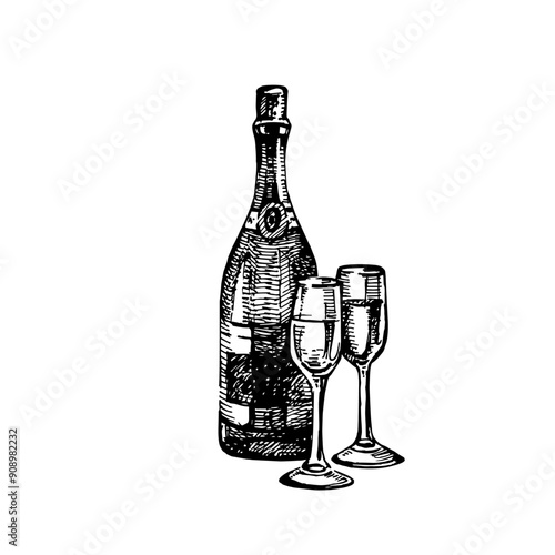 Hand drawn vintage sketch champagne bottle and glasses. Vector illustration 