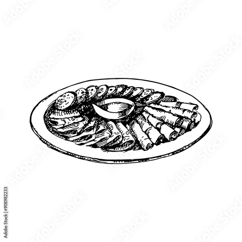 Hand drawn vintage sketch Italian food charcuterie. Vector illustration 
