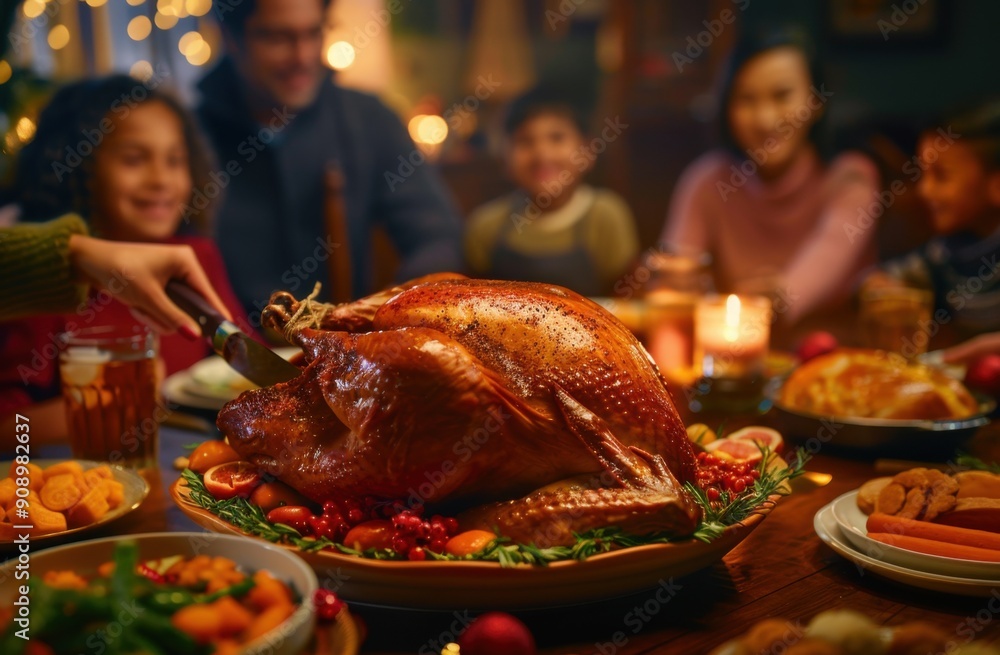 A family gathered around the table, with one person holding up their knife to cut into an large, golden-brown roasted turkey. The setting is festive and joyful, filled with traditional holiday dishes. A family gathered around the table, with one person holding up their knife to cut into an large, golden-brown roasted turkey. The setting is festive and joyful, filled with traditional holiday dishes.