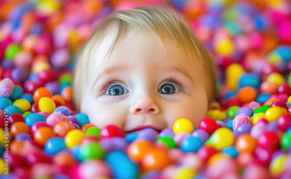 A cute baby face emerging from colorful candies admires the beauty around him. The background is covered with bright and playful candies, creating an atmosphere of joyful playfulness. A cute baby face emerging from colorful candies admires the beauty around him. The background is covered with bright and playful candies, creating an atmosphere of joyful playfulness.