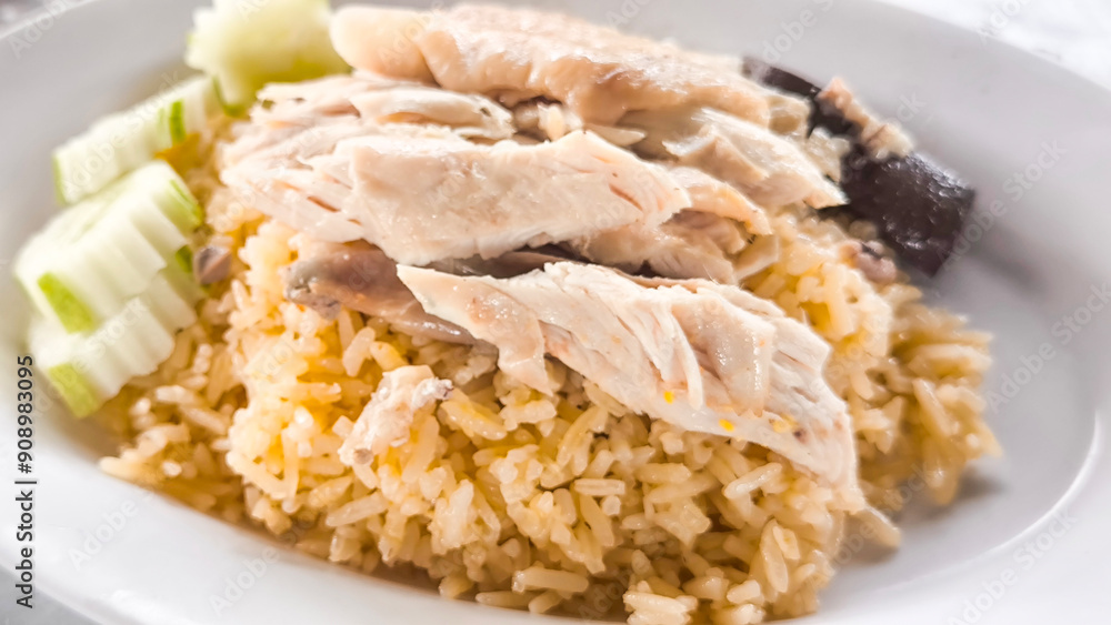 Chicken rice on a plate in a restaurant Chicken rice on a plate in a restaurant