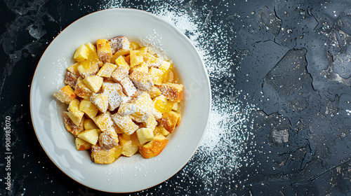 Fluffy shredded pancake with apples and icing sugar: kaiserschmarrn, a time-honored austrian dessert