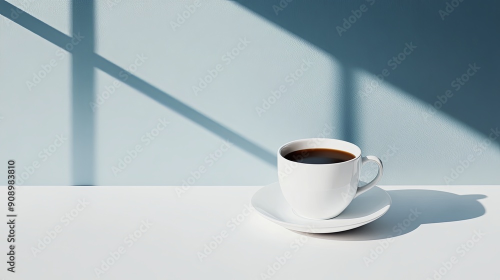 Side view of a coffee cup with a saucer, copy space on the table, soft morning light, shadow play Side view of a coffee cup with a saucer, copy space on the table, soft morning light, shadow play
