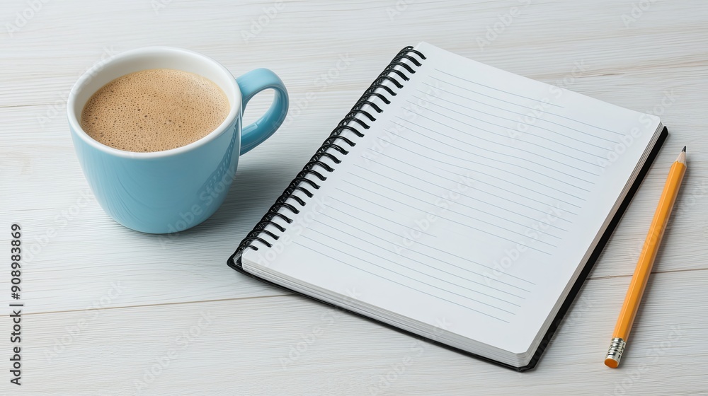 Coffee cup with a pencil resting on it, open notebook with blank pages, copy space for ideas and notes Coffee cup with a pencil resting on it, open notebook with blank pages, copy space for ideas and notes