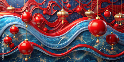 Wallpaper Mural Red and gold lanterns are suspended in front of a dynamic background of blue and red swirling waves. The intricate patterns and vibrant colors create a sense of movement and celebration.AI generated. Torontodigital.ca