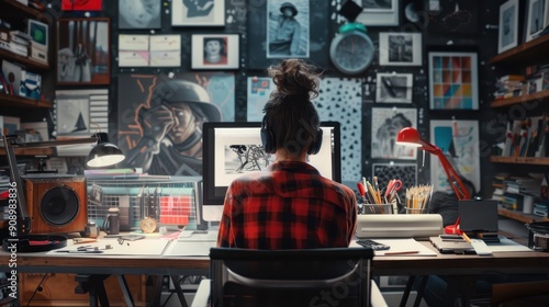 Artist in a Creative Haven: A Person Surrounded by Art Supplies and Design Software in a Inspiring Workspace photo