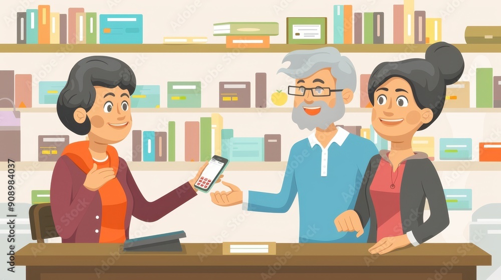 Fototapeta premium A customer discusses a smartphone with a clerk as an elderly man observes in a charming library