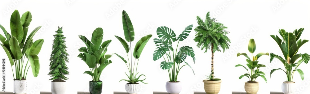 Collection of Various Indoor Plants in Decorative Pots Displayed on a Clean Surface Collection of Various Indoor Plants in Decorative Pots Displayed on a Clean Surface