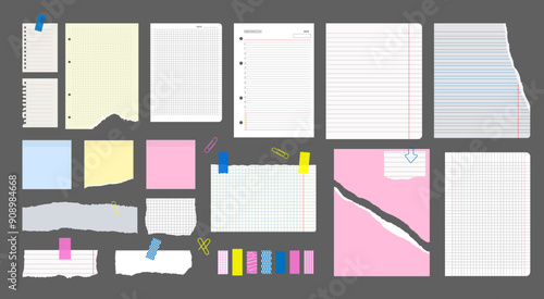 Large set of checkered, colored, lined sheets of paper from a math notebook, diary, notepad torn into pieces, glued to tape for text, collage, banner, flyer. Isolated vector on gray background EPS10