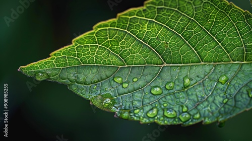 A leaf captured in high detail, showcasing the delicate water droplets resting on its surface, emphasizing the freshness and vitality of nature in a serene moment. #908985255