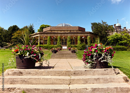 A view of The Sun Pavilion in Valley Gardens in Harrogate North Yorkshire England shot on a medium format film camera using Kodak Gold 200. photo