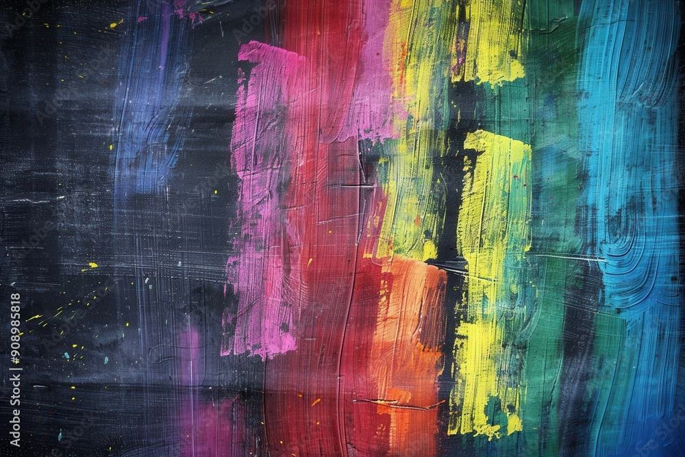 Naklejka premium Bright, colorful brushstrokes adorn a dark green chalkboard, showcasing artistic expression in a classroom environment. Generative AI