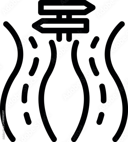 Line icon of a road sign indicating two winding roads merging into one single road