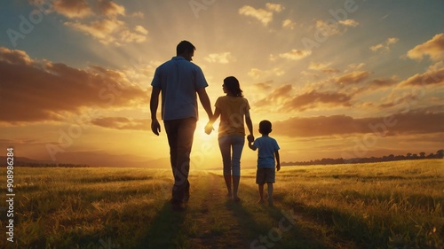 father mother and child. family silhouette against sunset background. generative ai