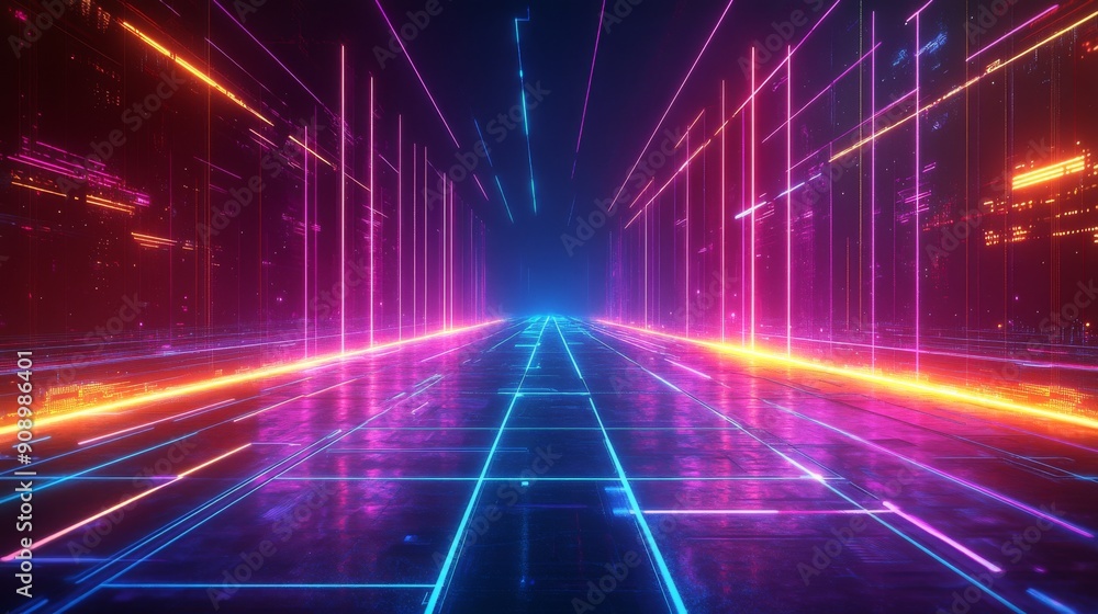 Neon Lights Reflecting on a Futuristic Street Neon Lights Reflecting on a Futuristic Street