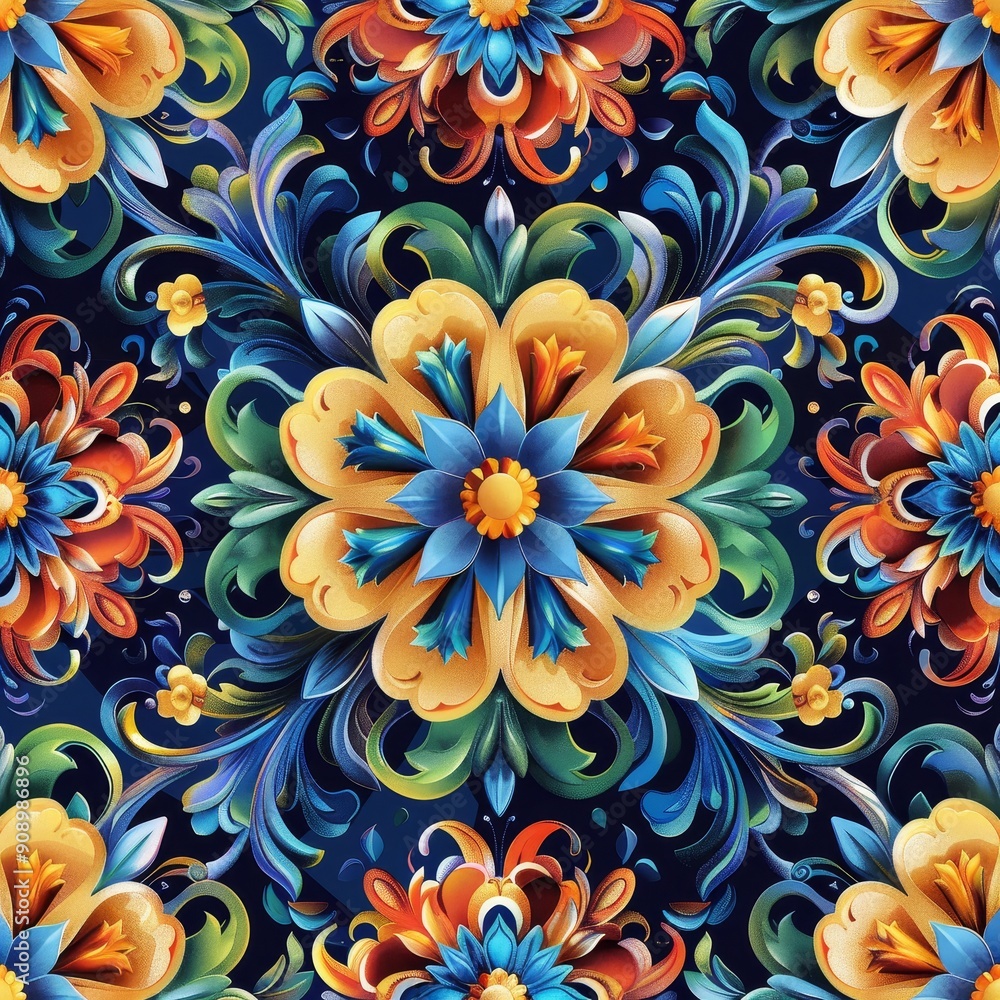 Intricate Floral Pattern in Blue, Yellow, and Orange Intricate Floral Pattern in Blue, Yellow, and Orange