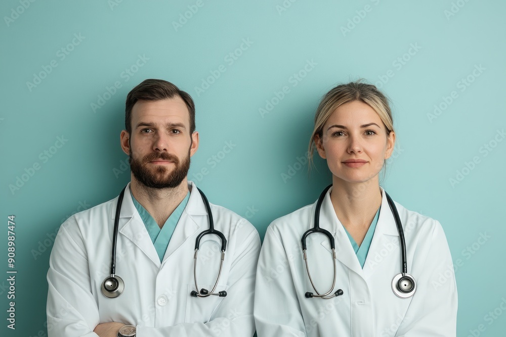 Two medical professionals, a male and a female doctor, pose against a solid color background. They wear white coats and have stethoscopes draped around their necks, symbolizing their roles in Two medical professionals, a male and a female doctor, pose against a solid color background. They wear white coats and have stethoscopes draped around their necks, symbolizing their roles in