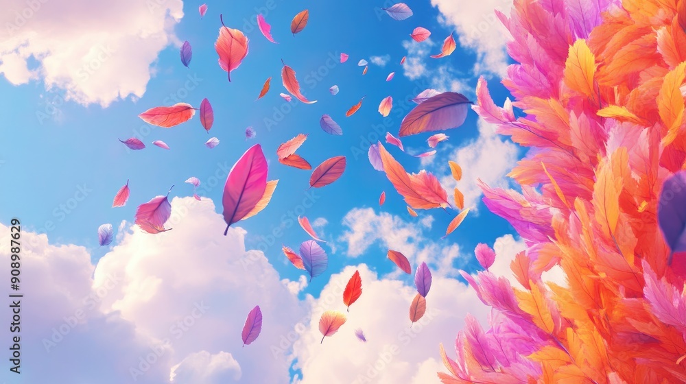 Generative AI of colorful leaves dancing in the sky, stunning cloud background Generative AI of colorful leaves dancing in the sky, stunning cloud background
