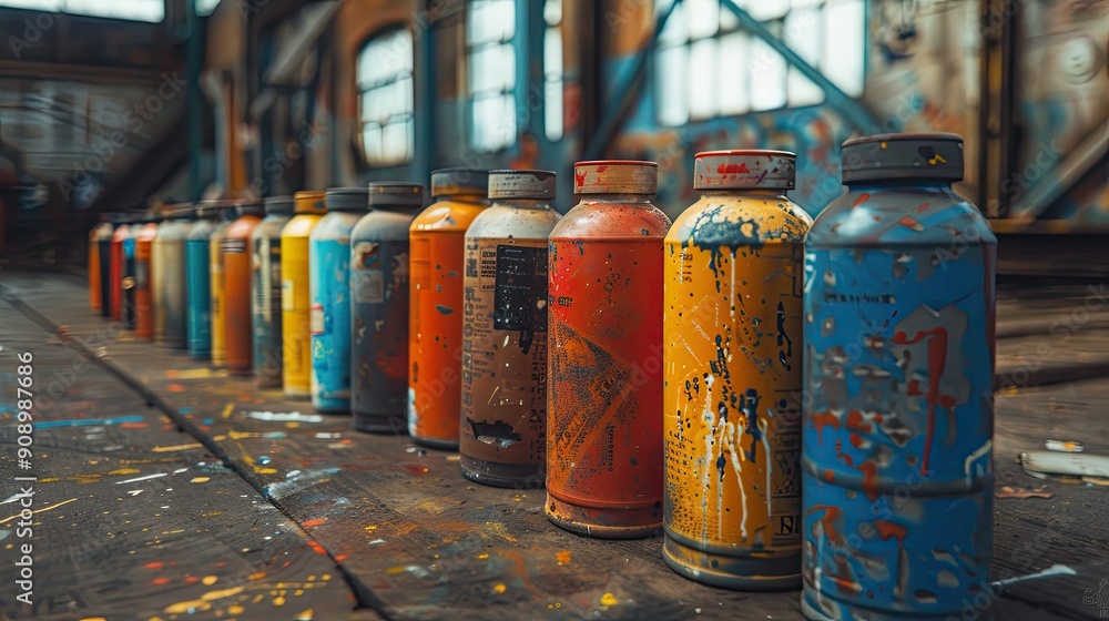 Row of old, paint-splattered aerosol cans lined up on a gritty warehouse floor, showcasing years of use Row of old, paint-splattered aerosol cans lined up on a gritty warehouse floor, showcasing years of use
