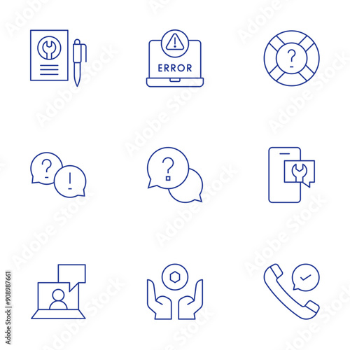 Support icons set. Thin Line style, editable stroke. nft, message, help, error, check, report, question, online support