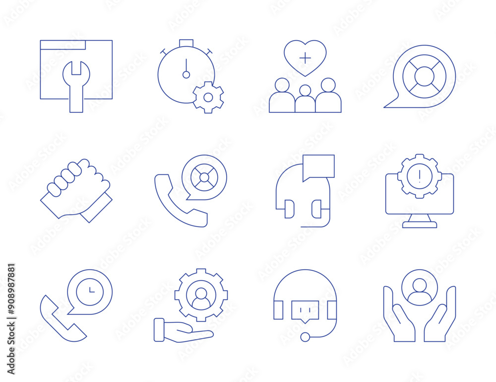 Support icons. Thin Line style, editable stroke. chronometer, maintenance, hands, customer support, hours support, support, computer, care Support icons. Thin Line style, editable stroke. chronometer, maintenance, hands, customer support, hours support, support, computer, care