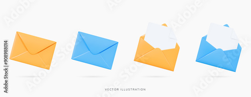 3D Blue and yellow envelopes icon set. Open and close letters. Subscribe to newsletter. Email message. Send post card. Envelope with document. Mail notification. Cartoon icons. 3D Vector illustration