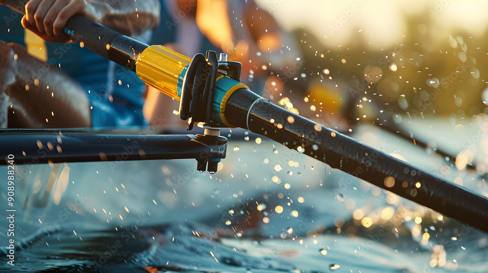 A close up of the oars and rowers in action during an outdoor race A close up of the oars and rowers in action during an outdoor race