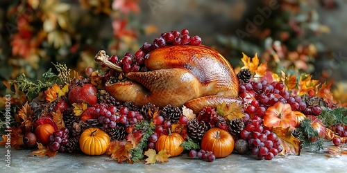 Roasted Turkey with Grapes and Autumn Leaves for Thanksgiving