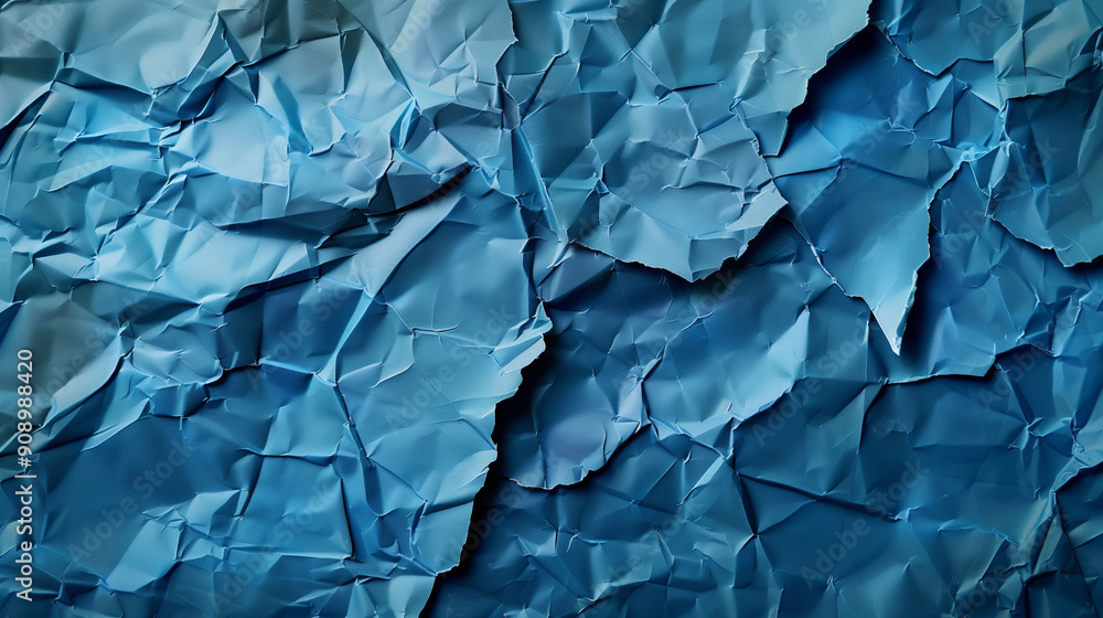 Crumpled and Folded Blue Paper with a Stained Surface, Torn Edges, and Empty Space, Suitable for Retro Book Covers and Horizontal Designs Crumpled and Folded Blue Paper with a Stained Surface, Torn Edges, and Empty Space, Suitable for Retro Book Covers and Horizontal Designs