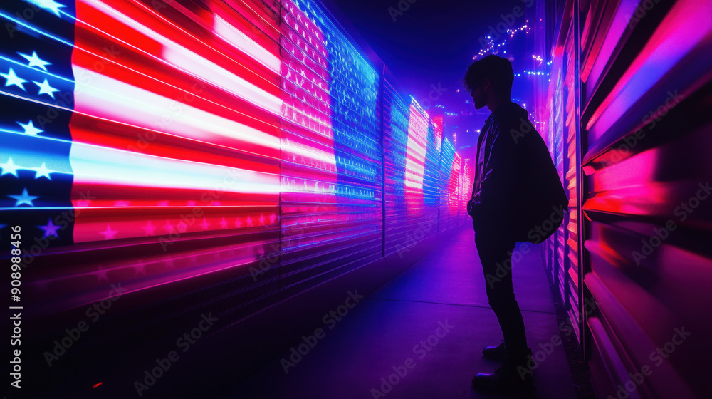American Flag with Neon Lights, vibrant neon lights on a dark background with mans silhouette and glowing stars. abstract representation of a US flag with Patriotic glow American Flag with Neon Lights, vibrant neon lights on a dark background with mans silhouette and glowing stars. abstract representation of a US flag with Patriotic glow