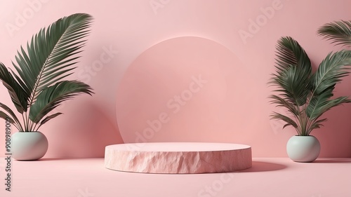 3D rock pedestal podium on tropical pastel pink background. Exotic natural palm leaf shadow