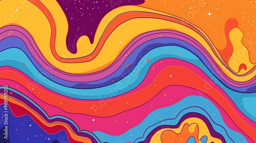 This vibrant abstract image features a colorful background with fluid shapes and star elements, creating a visually stunning and dynamic scene perfect for modern artistic applications.