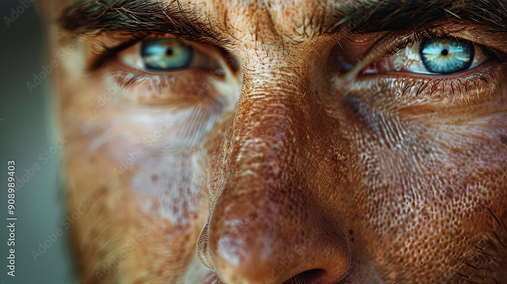 Detailed close-up portrait of a man's face, highlighting the texture of his skin and the intensity of his gaze, set against a simple background Detailed close-up portrait of a man's face, highlighting the texture of his skin and the intensity of his gaze, set against a simple background