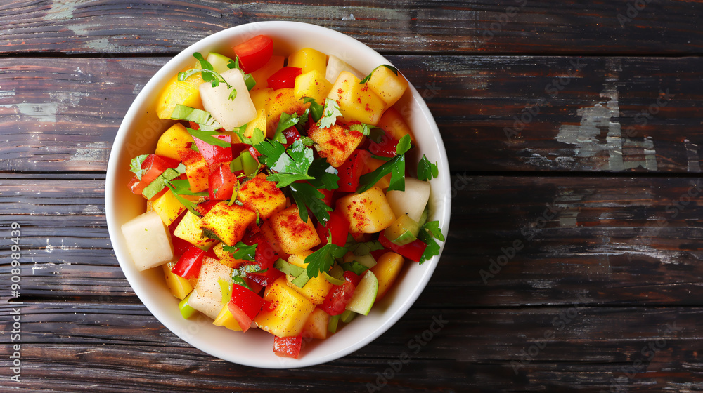 Fruit salad with mango, red bell pepper, apple and parsley in a white bowl on a rustic wooden table, sprinkled with paprika Fruit salad with mango, red bell pepper, apple and parsley in a white bowl on a rustic wooden table, sprinkled with paprika