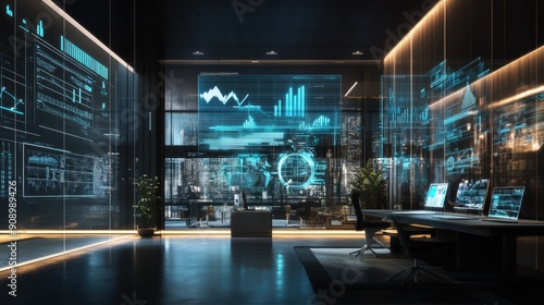 AI-generated future business office, featuring digital growth charts and high-tech workstations