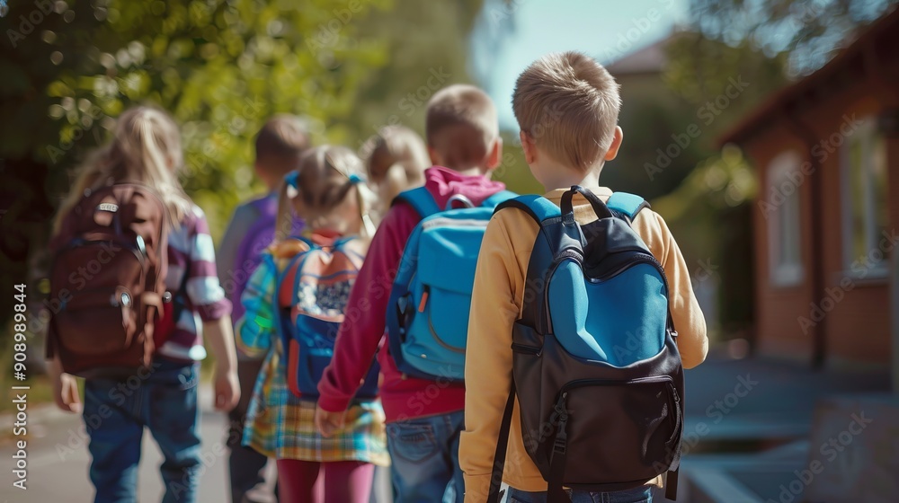 Obraz premium A group of young children wearing backpacks walk together, heading to school with a sense of curiosity and excitement, showcasing the energy and innocence of youth.