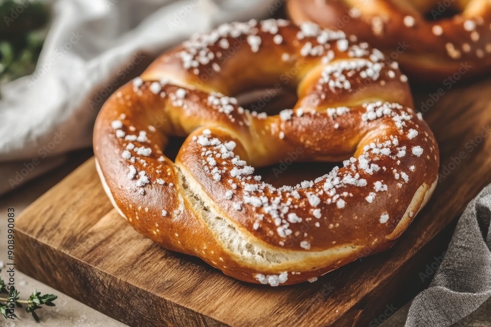 Oktoberfest snack food - freshly baked Bavarian pretzel sprinkled with coarse salt, placed on a wooden cutting board, minimal style with copy space Oktoberfest snack food - freshly baked Bavarian pretzel sprinkled with coarse salt, placed on a wooden cutting board, minimal style with copy space