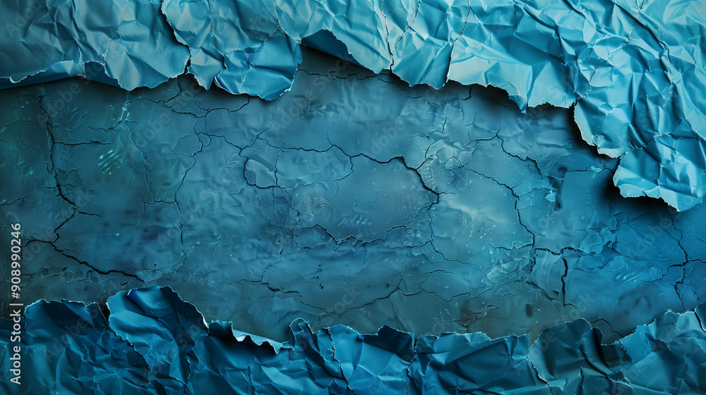 Crumpled and Folded Blue Paper with a Stained Surface, Torn Edges, and Empty Space, Suitable for Retro Book Covers and Horizontal Designs Crumpled and Folded Blue Paper with a Stained Surface, Torn Edges, and Empty Space, Suitable for Retro Book Covers and Horizontal Designs