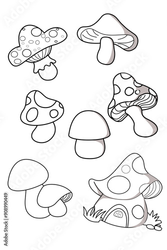 hand drawn mushroom vector set, for coloring
