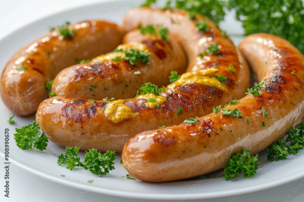 Oktoberfest meal dish on a white plate of traditional Bavarian sausages with mustard, garnished with parsley, on a white plate Oktoberfest meal dish on a white plate of traditional Bavarian sausages with mustard, garnished with parsley, on a white plate