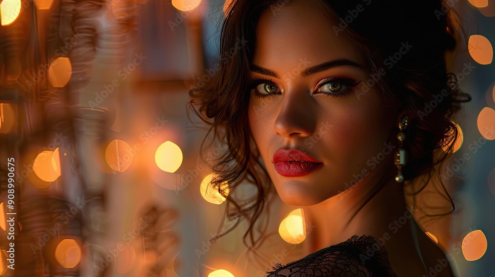 Elegant portrait of a woman in evening wear, with dramatic lighting highlighting her features, set against a sophisticated background Elegant portrait of a woman in evening wear, with dramatic lighting highlighting her features, set against a sophisticated background