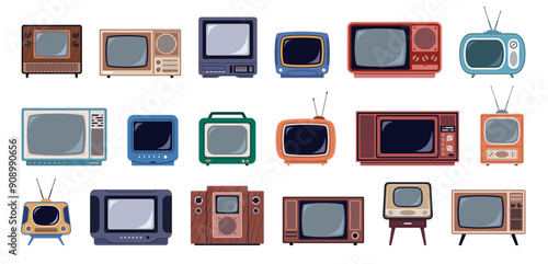 Retro televisions. Tube vintage communication systems, small glass convex screens, wide wooden and plastic housings, nostalgia technology cartoon flat isolated illustration, nowaday vector set