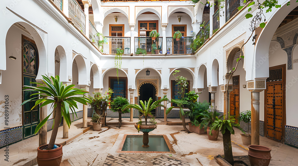 Fototapeta premium Serene Andalusian Patio: Whitewashed architecture lush greenery tranquil oasis summer vacation. 