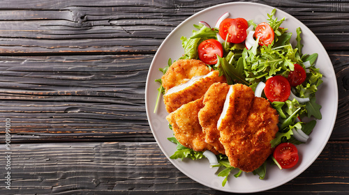 Delicious crispy breaded chicken breast served with fresh salad on a plate on a dark rustic wooden table photo