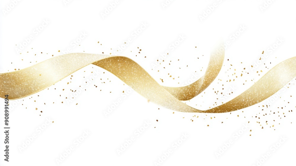 A curly gold ribbon for Christmas and birthday present banner isolated against a white background. beautiful holiday banner A curly gold ribbon for Christmas and birthday present banner isolated against a white background. beautiful holiday banner
